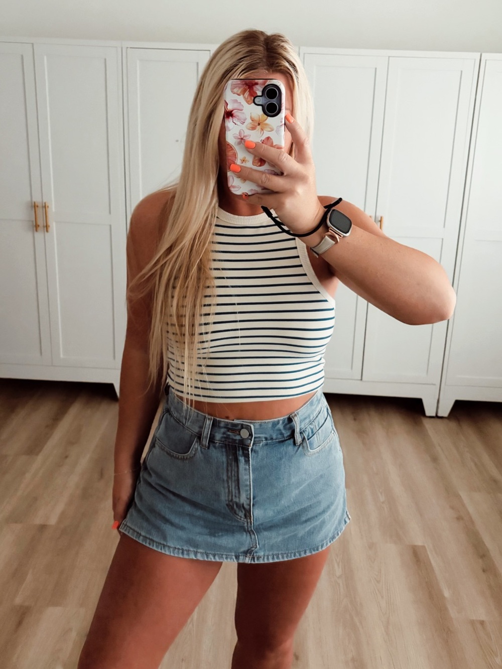 Cream and blue striped high neck cropped top